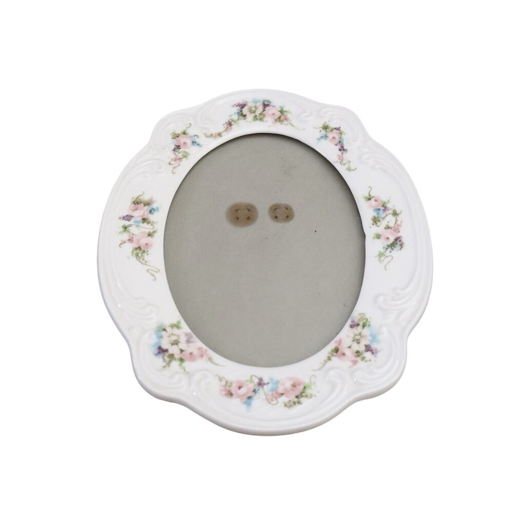 Vintage White Pink Floral Porcelain Oval Photo Easel Frame Cottagecore Coquette